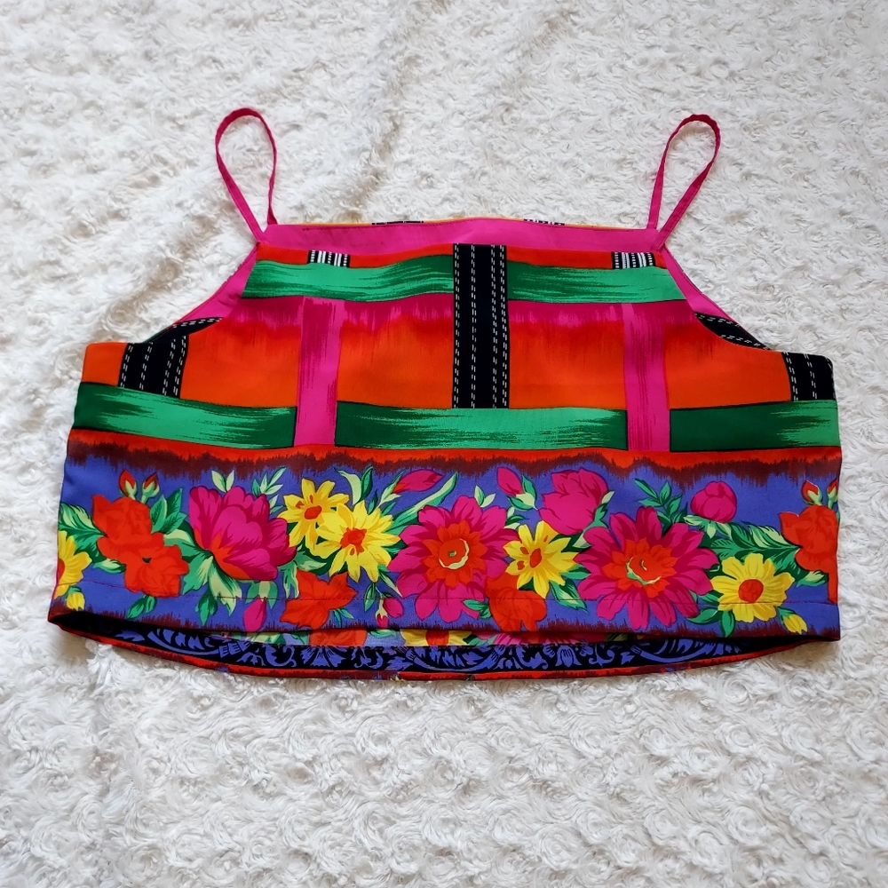 Bright Fun Floral Crop top Small Boho Festival Hippie Summer Artsy